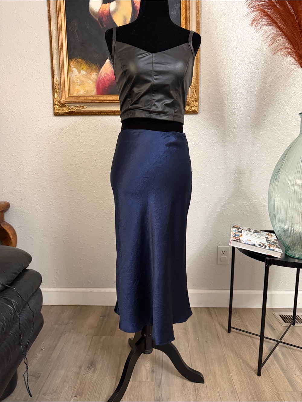 Babaton Navy Satin Bias Midi Skirt - Women's
